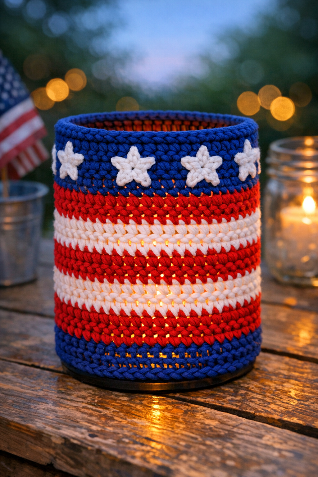 Finished patriotic crochet lantern sleeve glowing with a light inside
