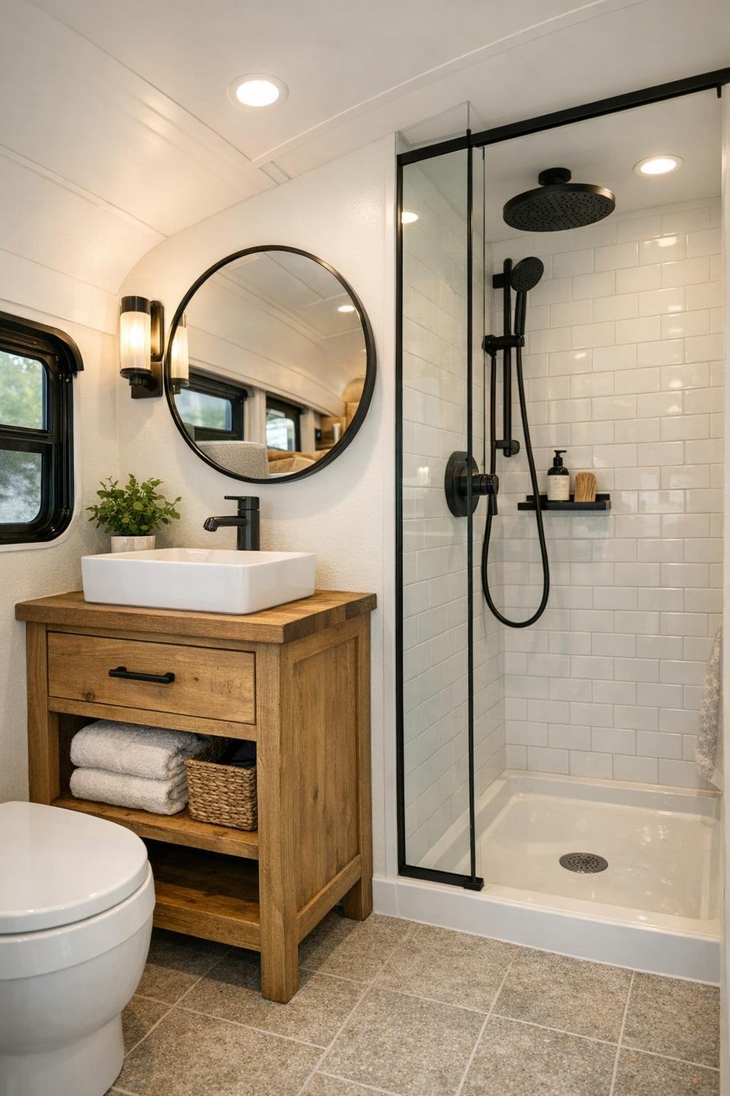 Bright compact bus bathroom with wood vanity and black fixtures