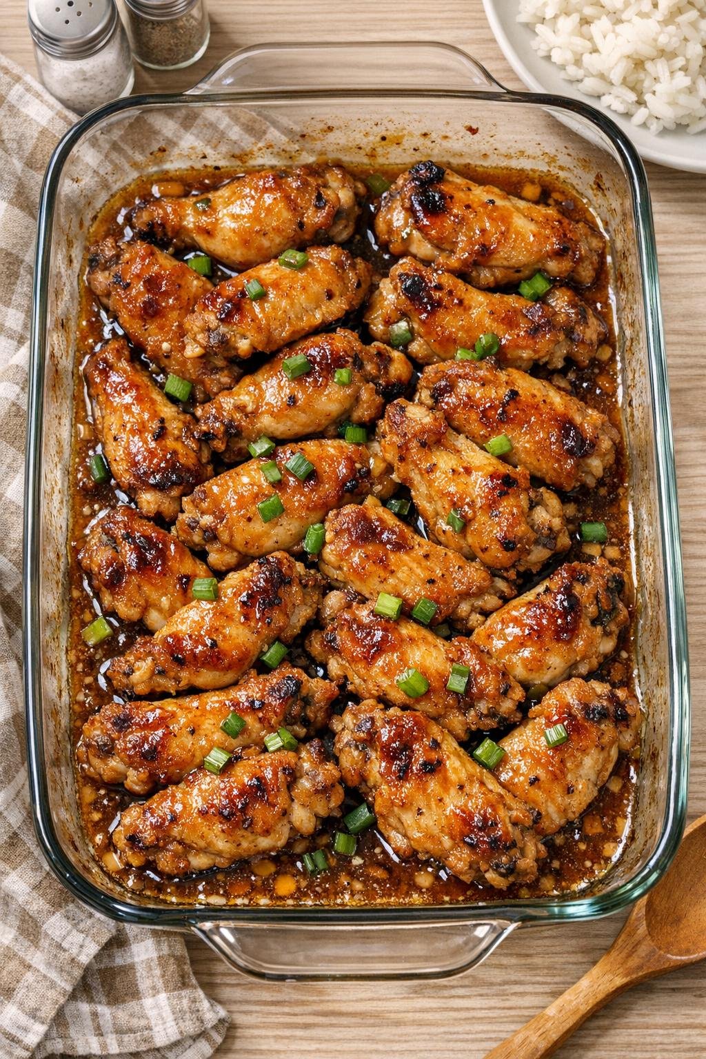 Finished baked chicken wingettes in a glass casserole dish