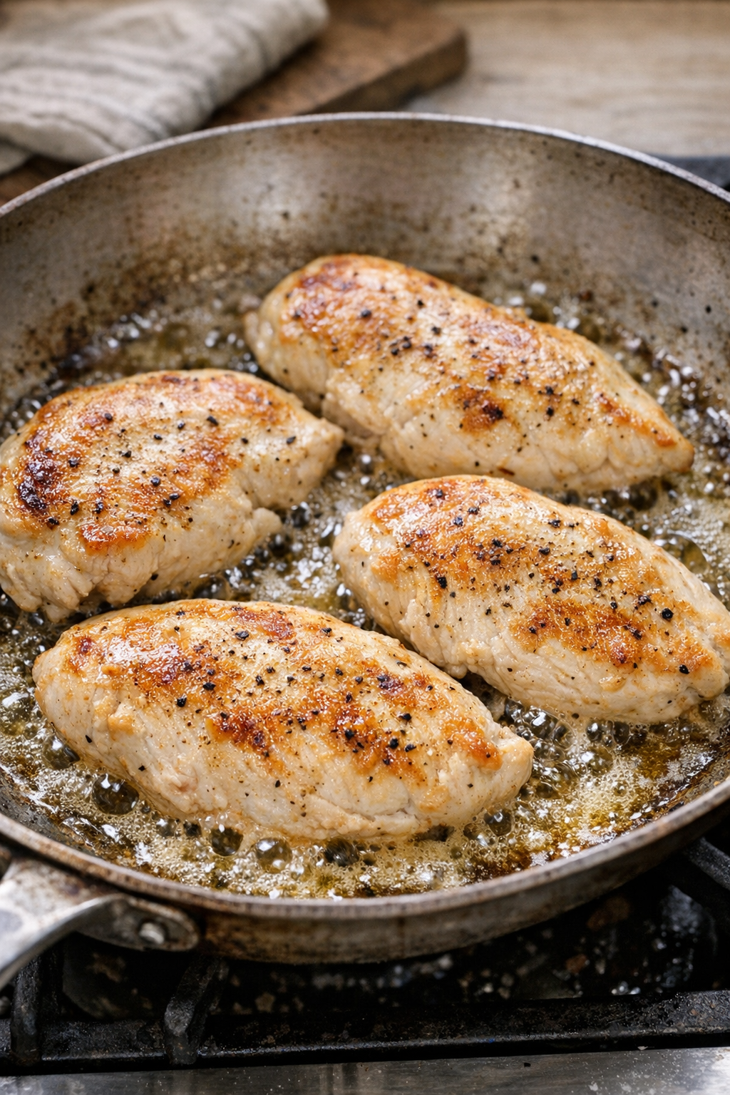 Chicken breasts browning in butter in a skillet