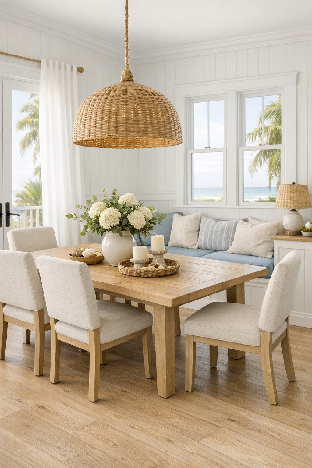 Coastal dining room with a light wood table, upholstered chairs, built-in bench seating, and a woven pendant light