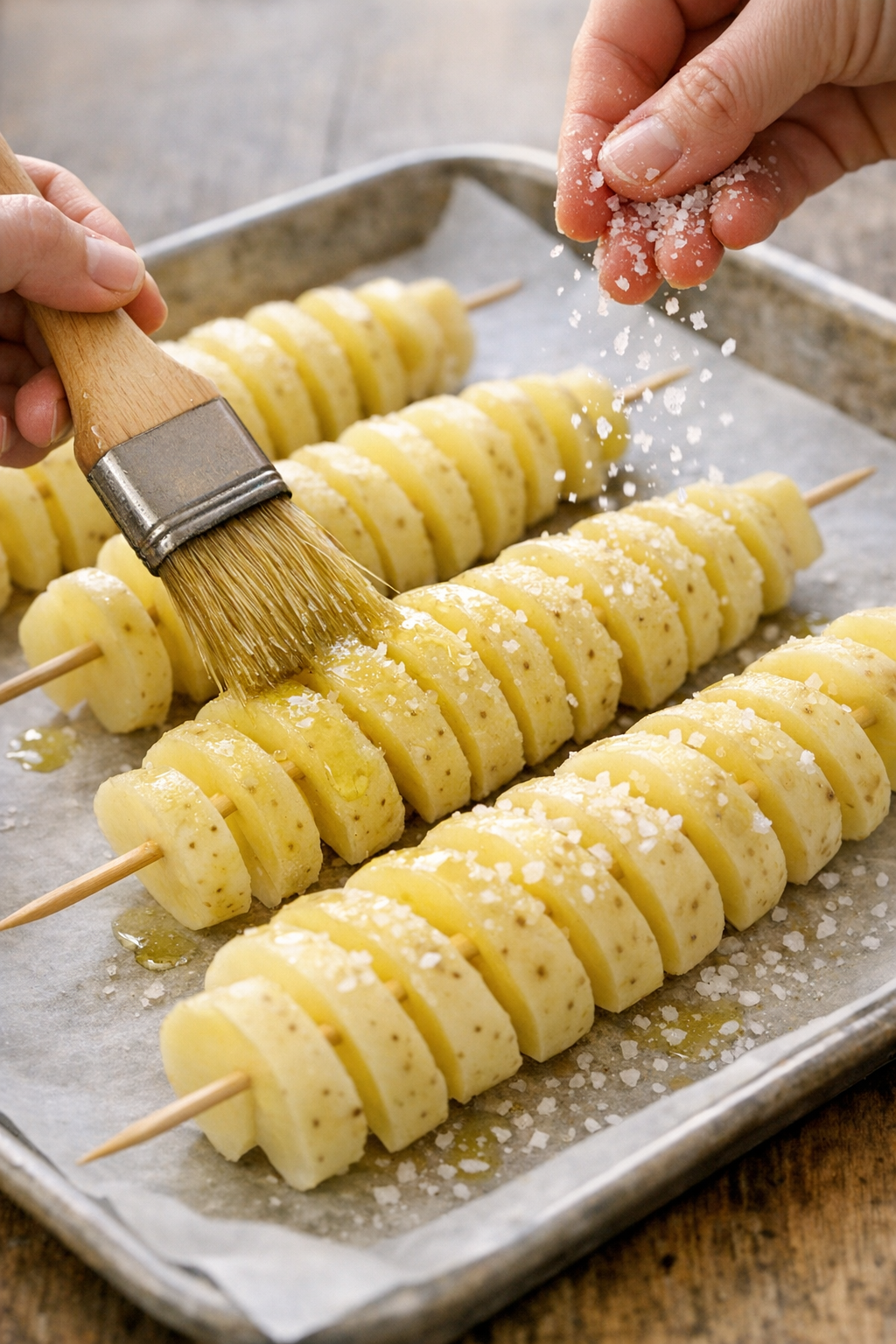 Spiral potatoes brushed with oil and sprinkled with salt