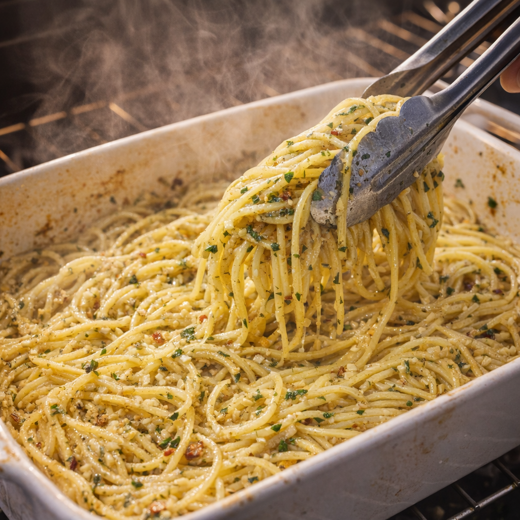 Partially baked cowboy butter pasta being tossed with tongs