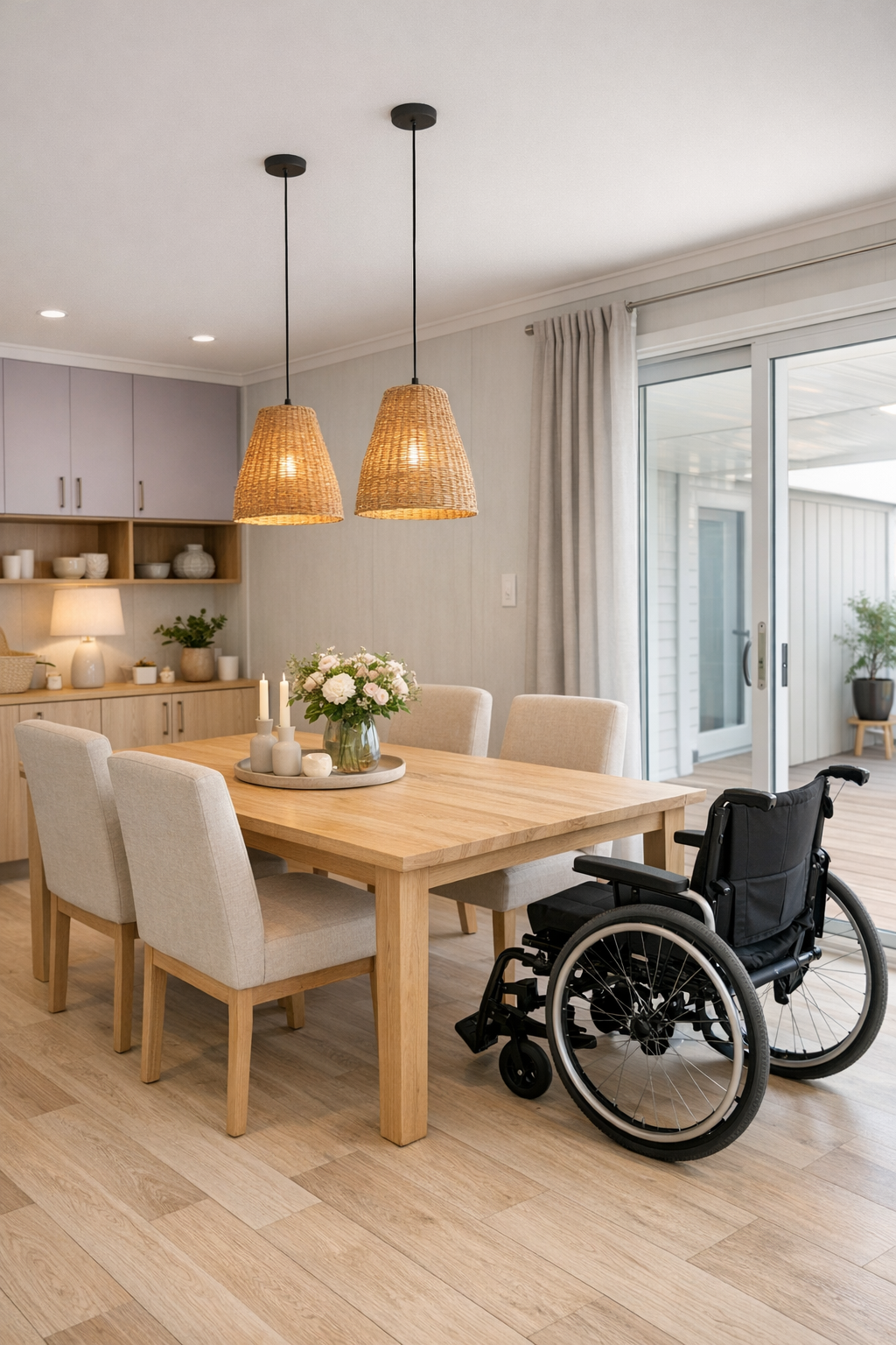 Soft modern dining room with light oak table and beige upholstered chairs