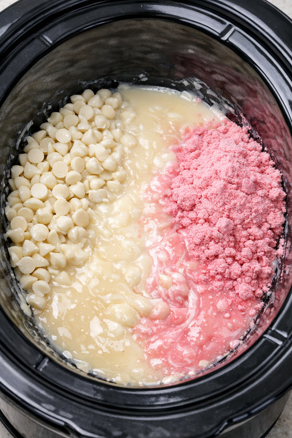White chocolate chips, condensed milk, and pink mix warming in a slow cooker