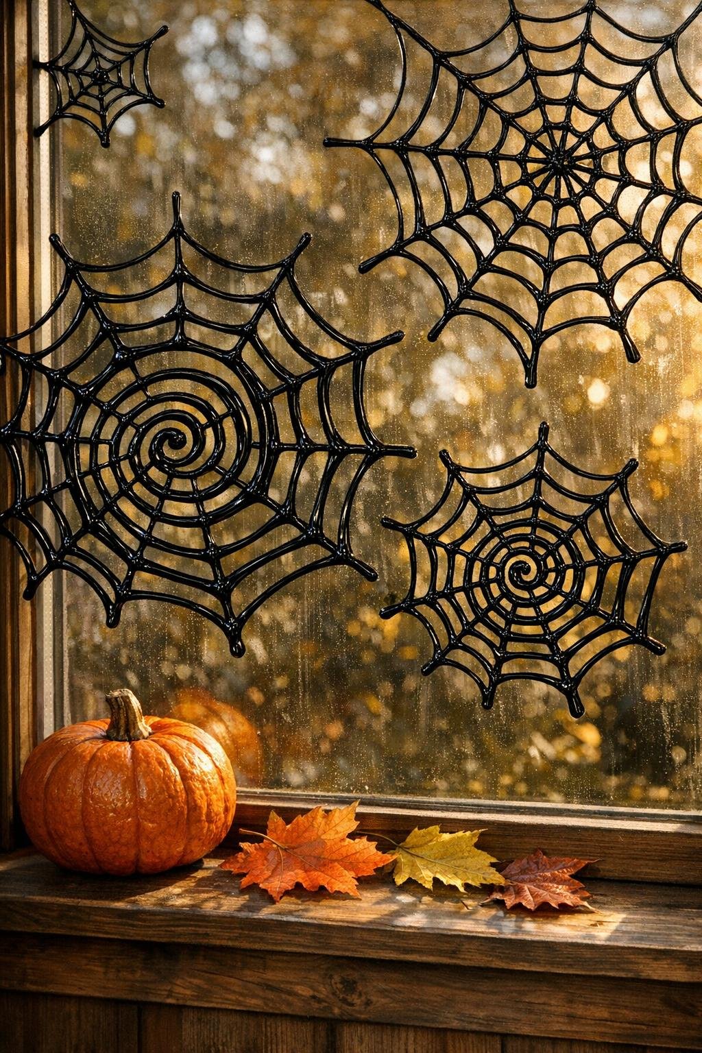Completed spiderweb window clings displayed on a window