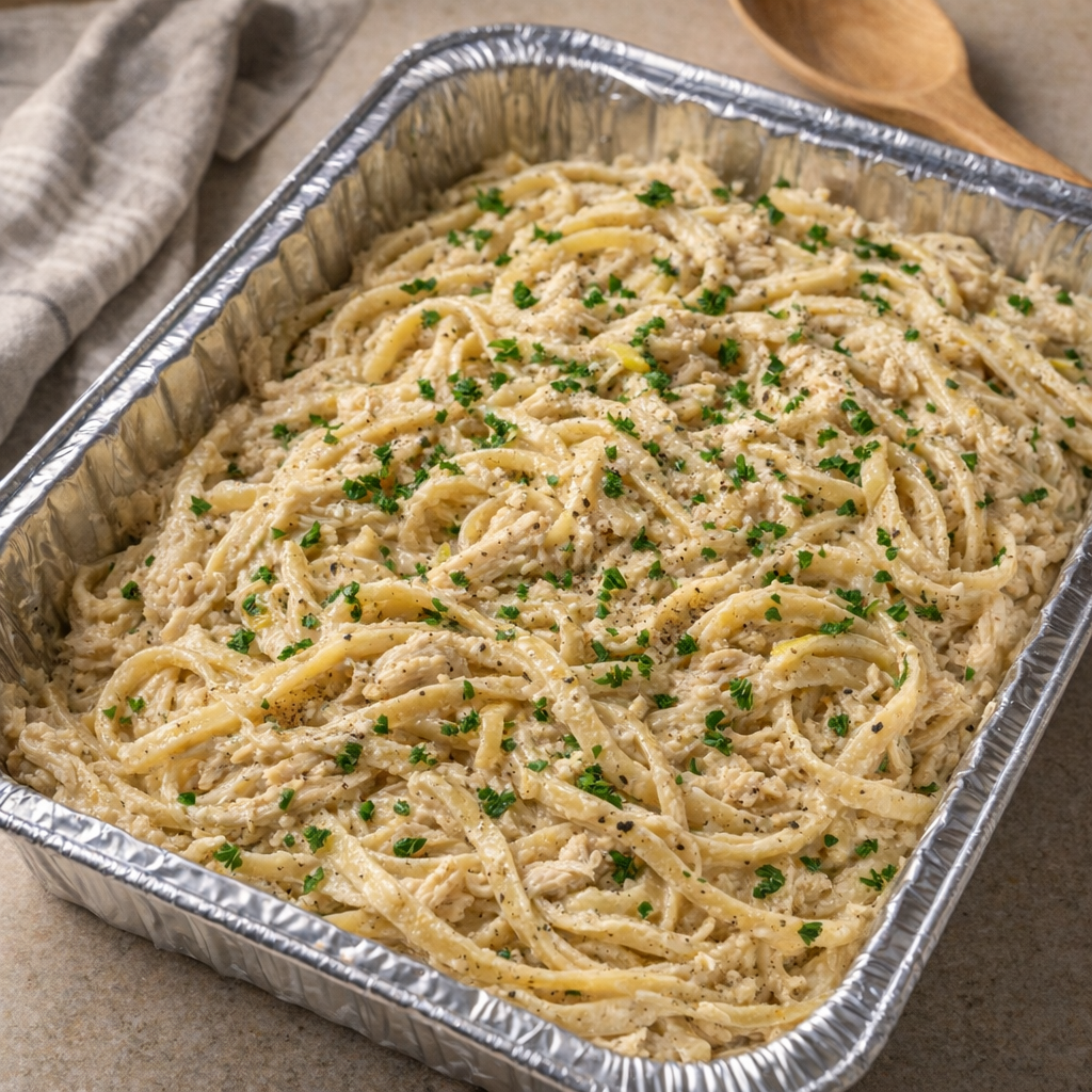 Foil pan of lemon pepper chicken pasta on a kitchen counter