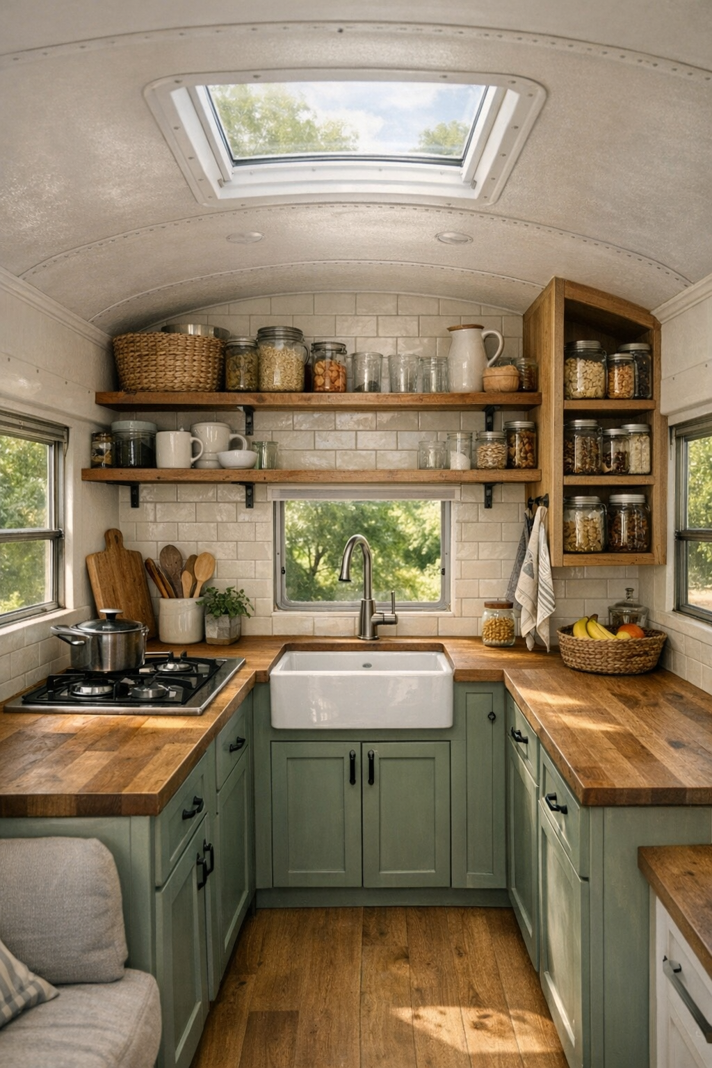 Bright galley kitchen in a converted bus with sage cabinets and butcher-block counters