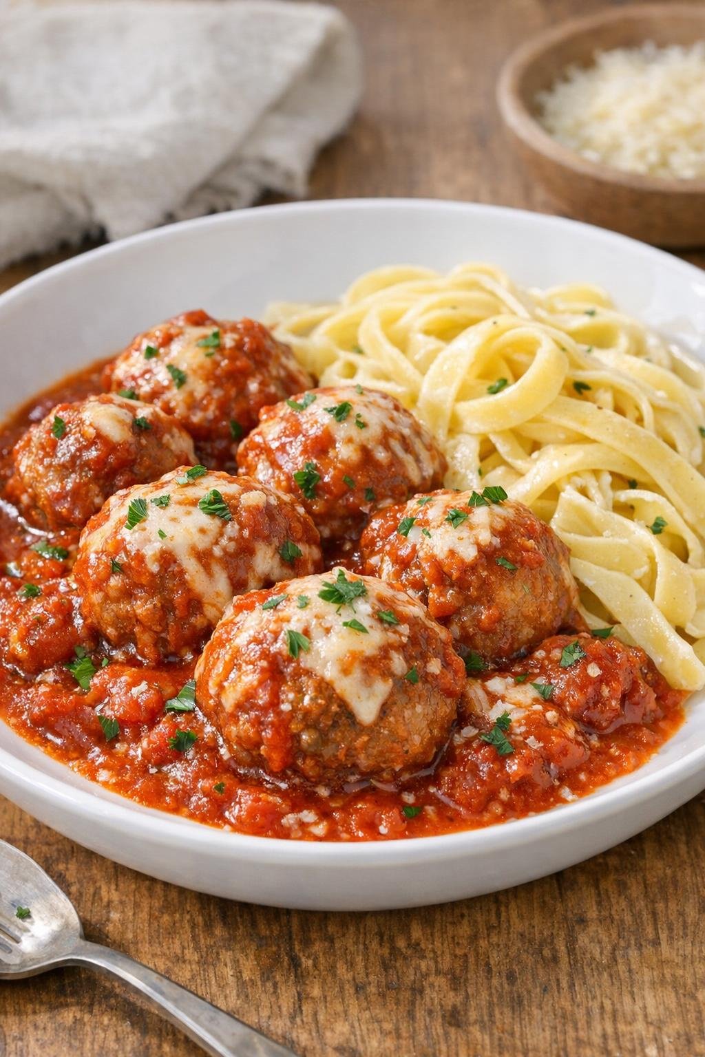 Finished slow cooker meatballs plated with sauce