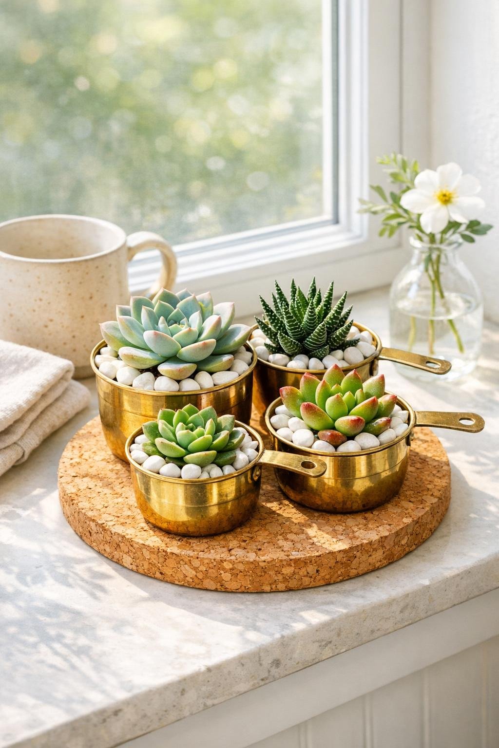 Finished brass measuring cup succulent planter on a windowsill