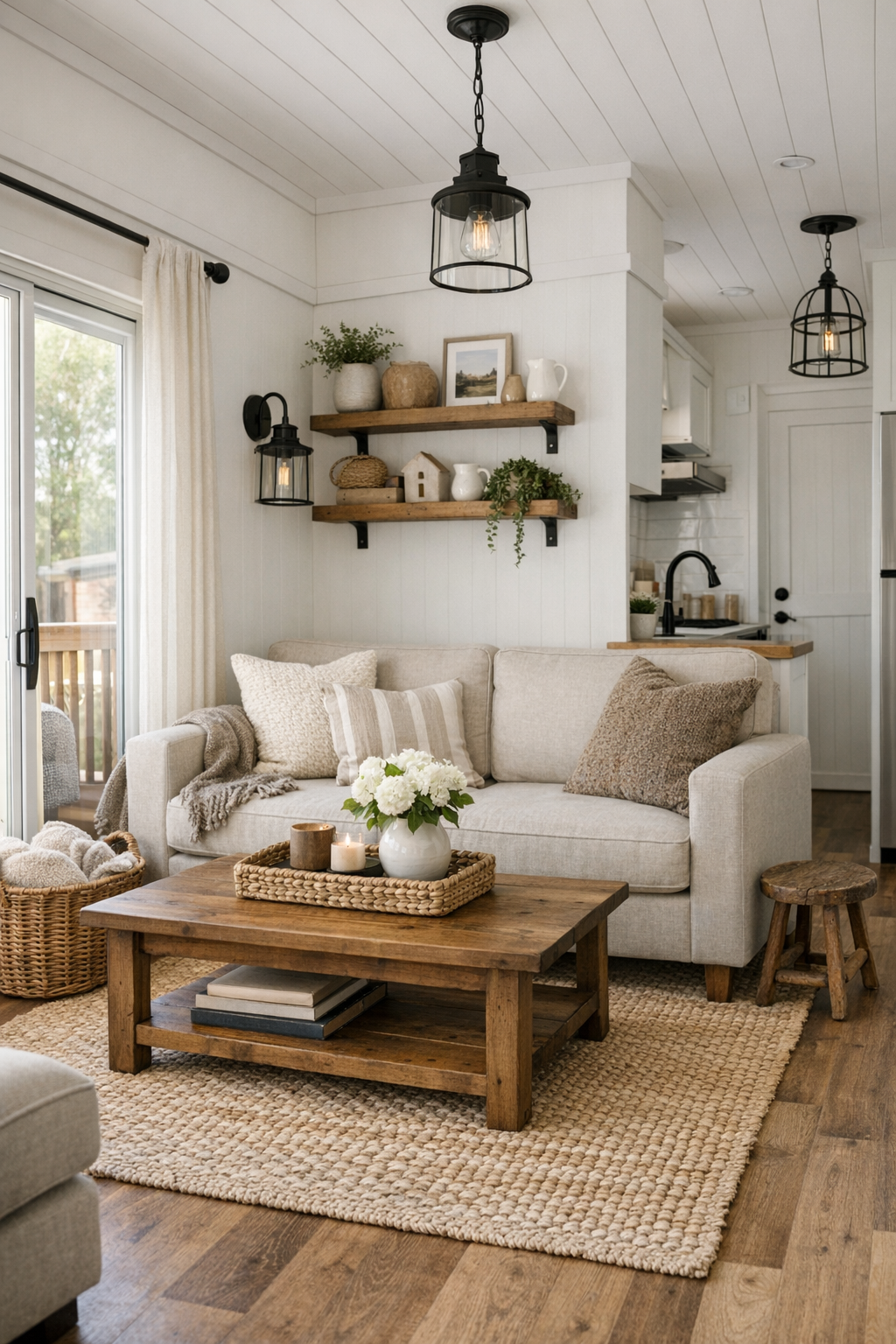 Bright farmhouse-inspired RV living room with a light sofa, warm wood accents, and black fixtures