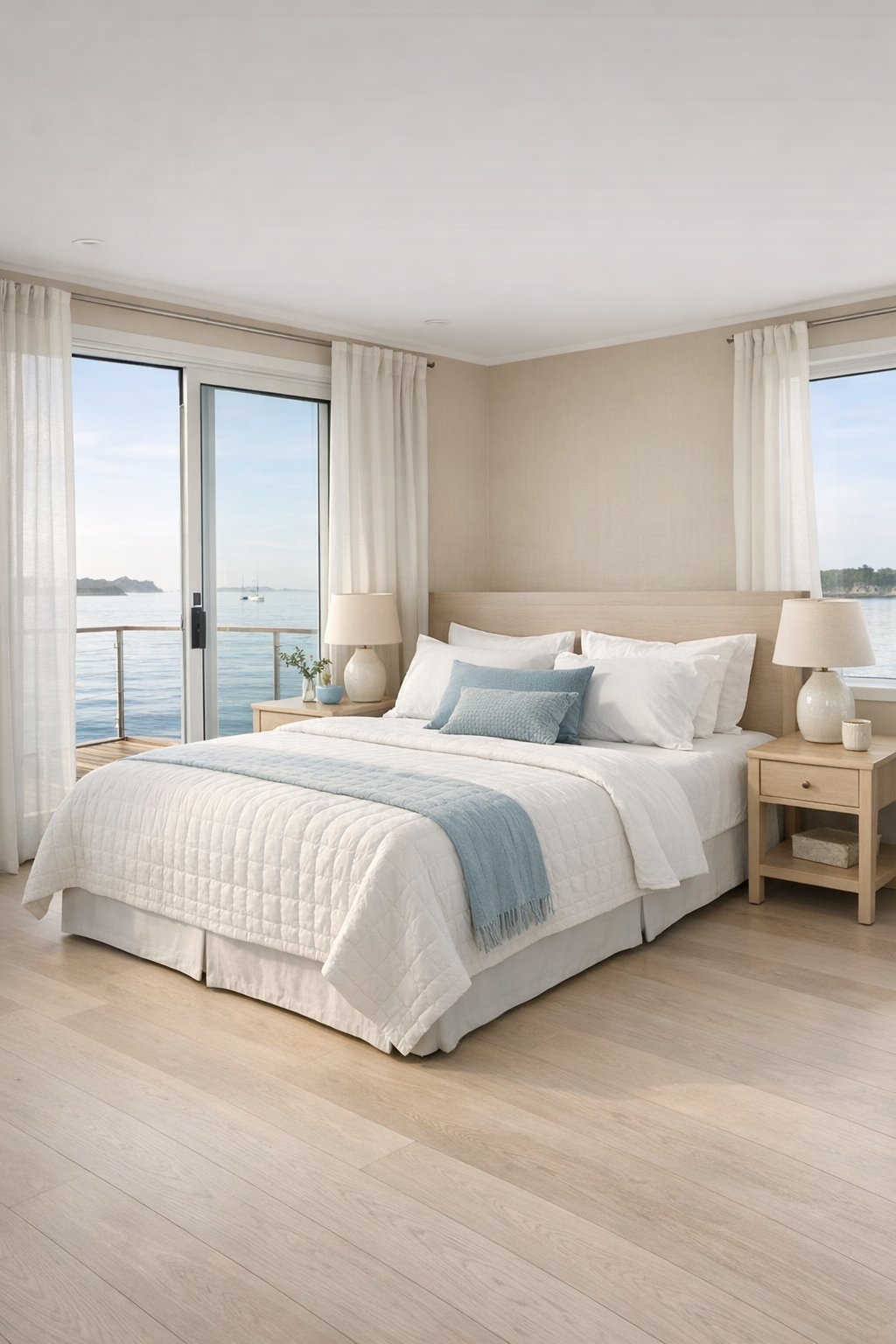 Serene coastal bedroom with layered white bedding, pale wood accents, and soft blue details