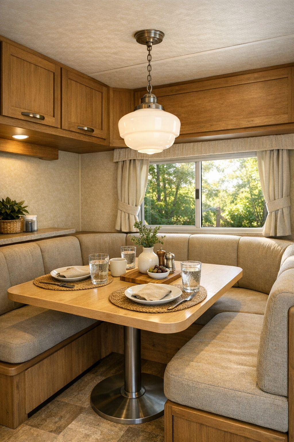Compact RV dining nook with rounded bench seating and pale wood table