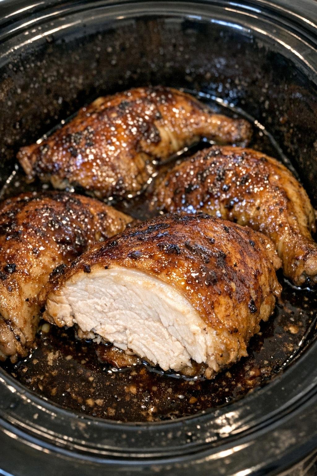 Glossy golden brown chicken quarters in dark sauce in a slow cooker