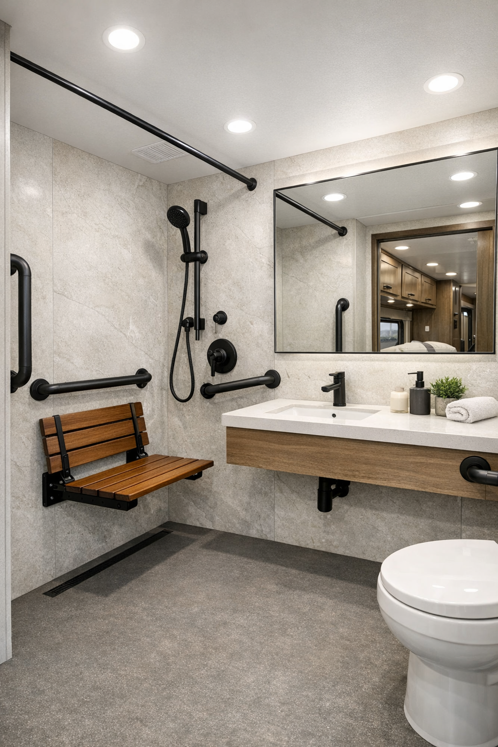 Accessible RV bathroom with roll-in shower and pale stone finishes