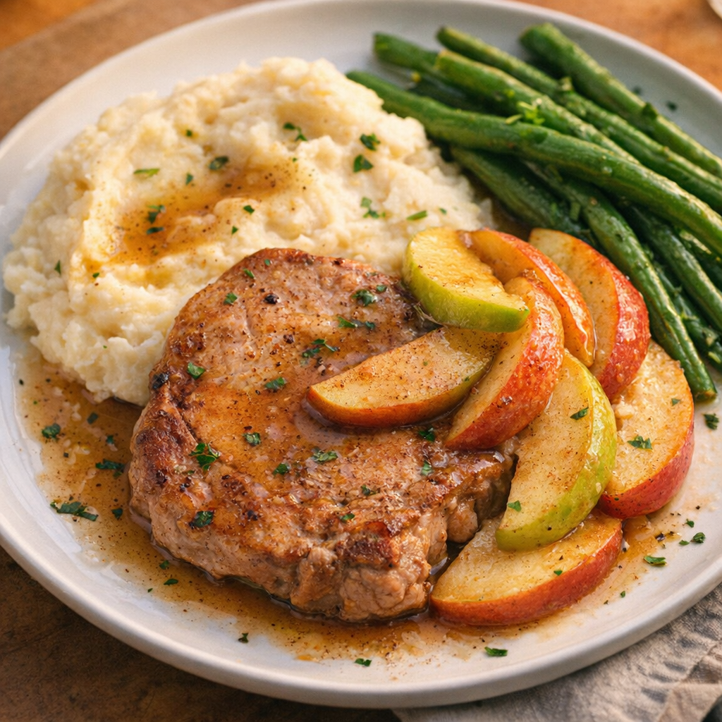 Finished pork chops plated with mashed potatoes and green beans