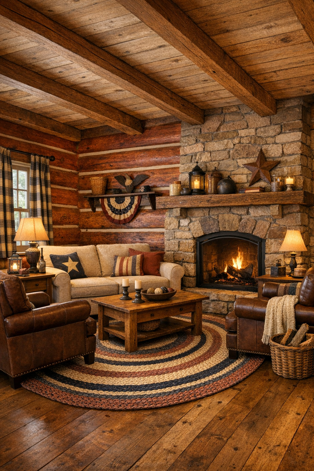 Warm log home living room with cider-toned wood, stone fireplace, and classic handcrafted furniture