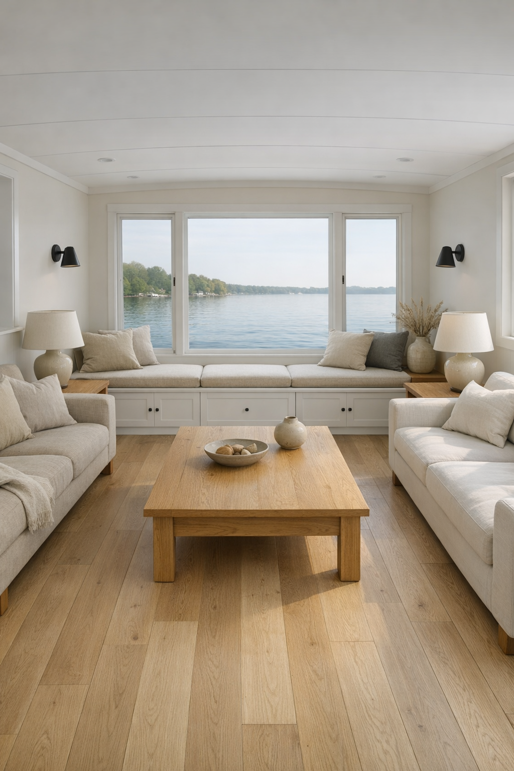 Bright Shaker-style living room with pale oak floors and linen seating