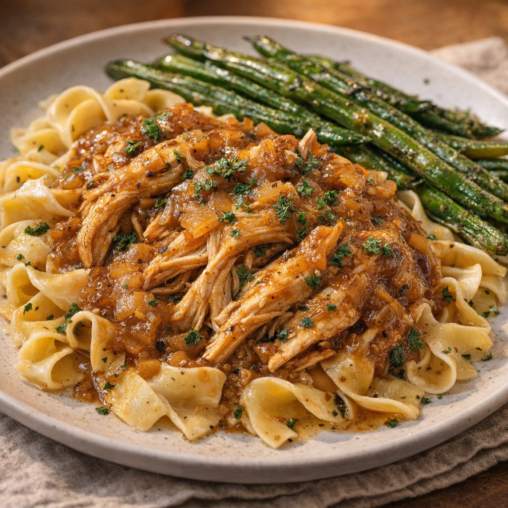Pulled onion soup chicken plated with egg noodles and green beans