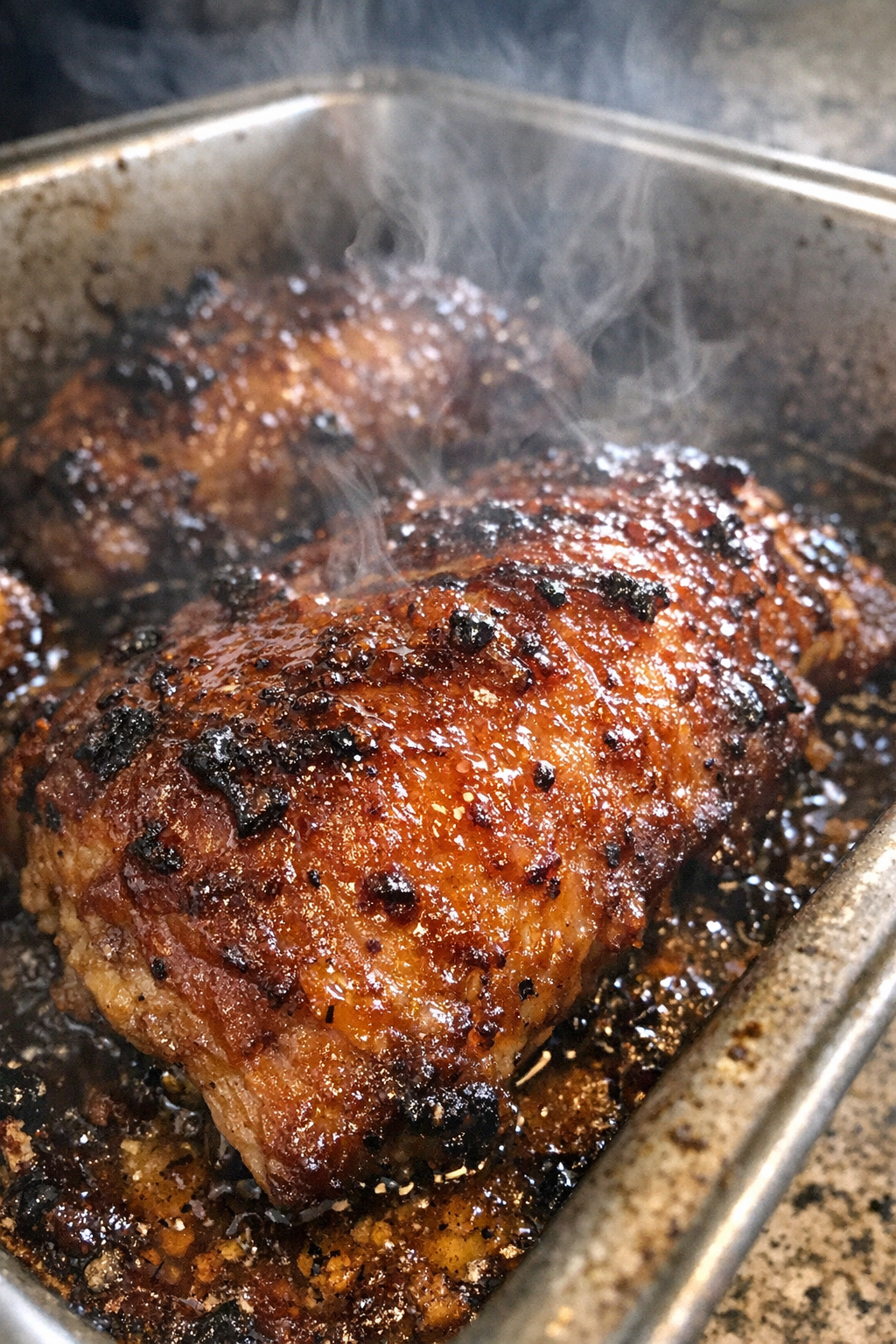 Glistening caramelized roasted protein in a metal baking pan
