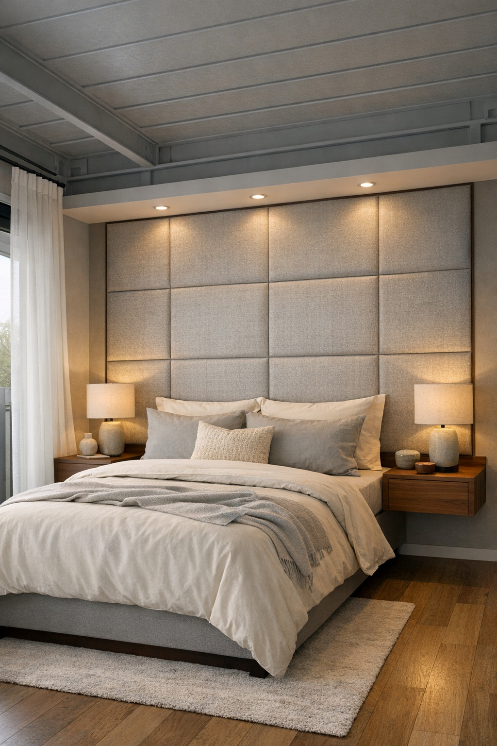 Soft neutral bedroom with upholstered headboard wall and layered bedding