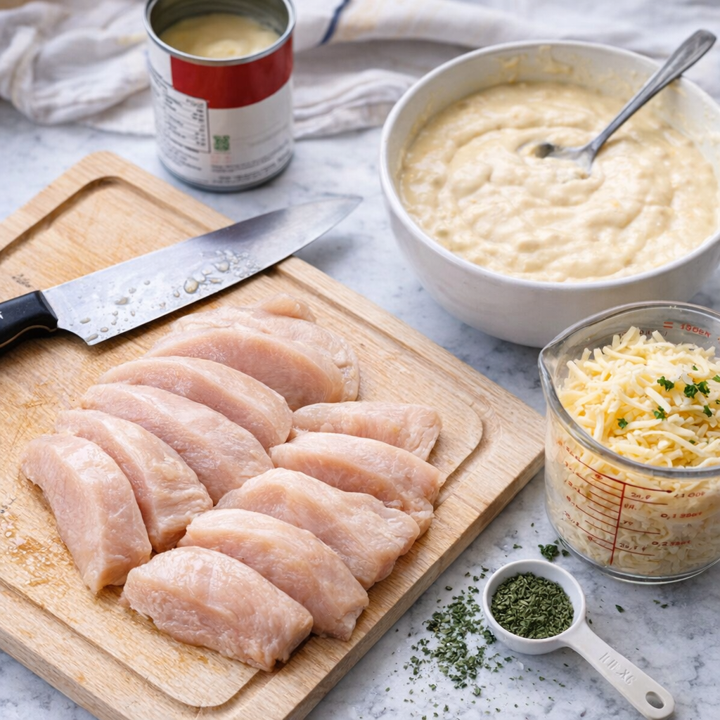 Cut chicken cutlets and sauce ingredients on a counter
