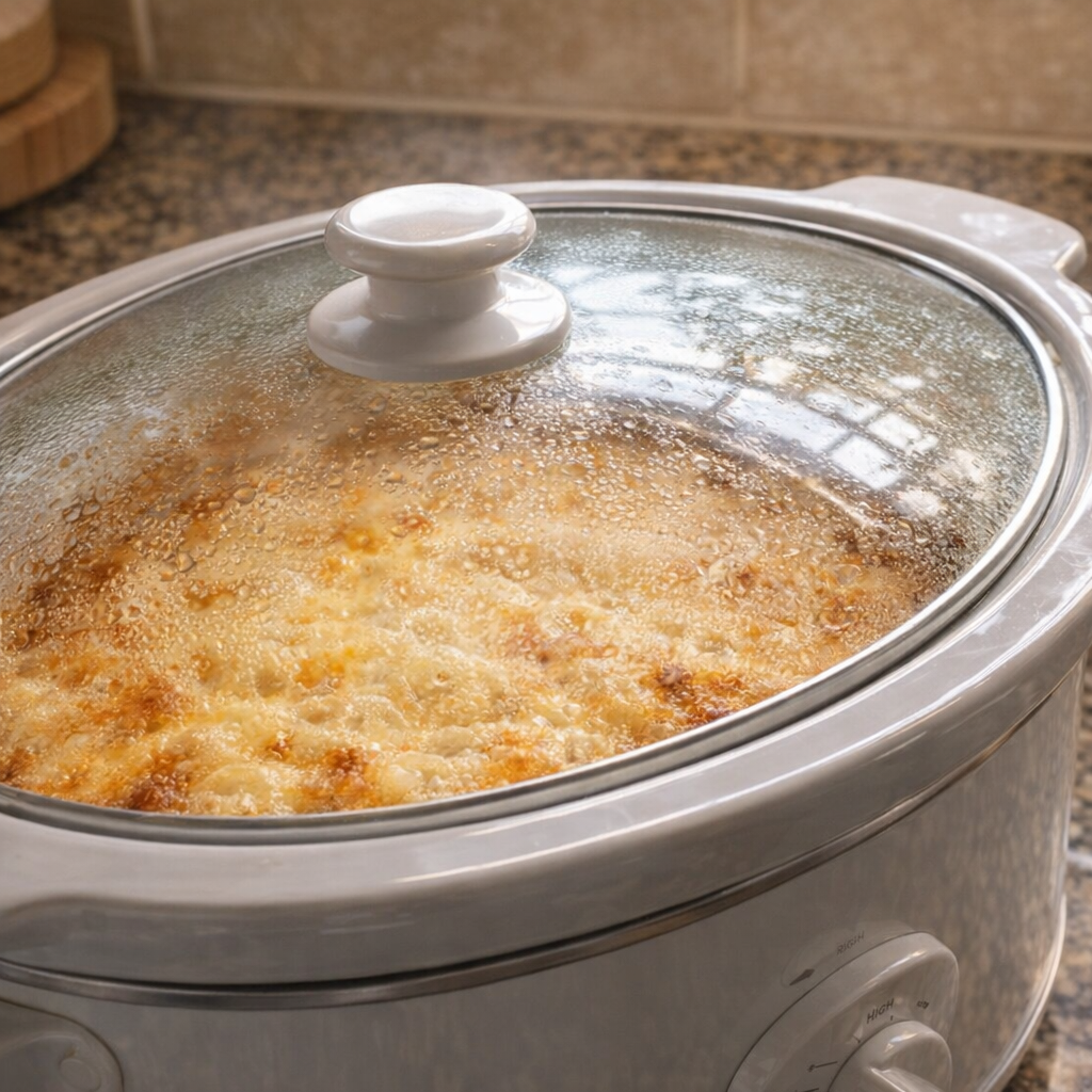 Slow cooker casserole bubbling under a glass lid