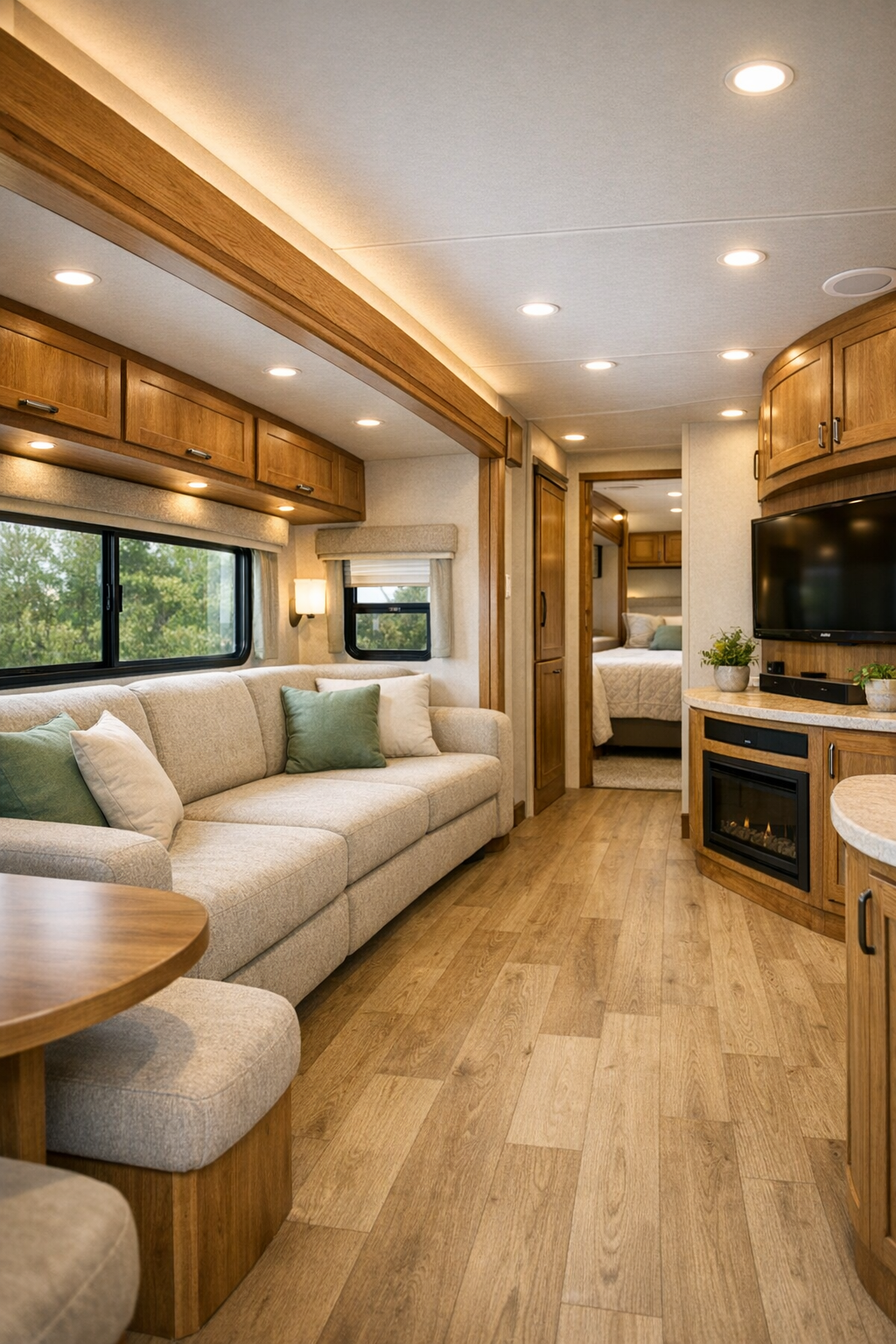 Accessible RV living room with built-in sofa, light wood finishes, and warm modern lighting