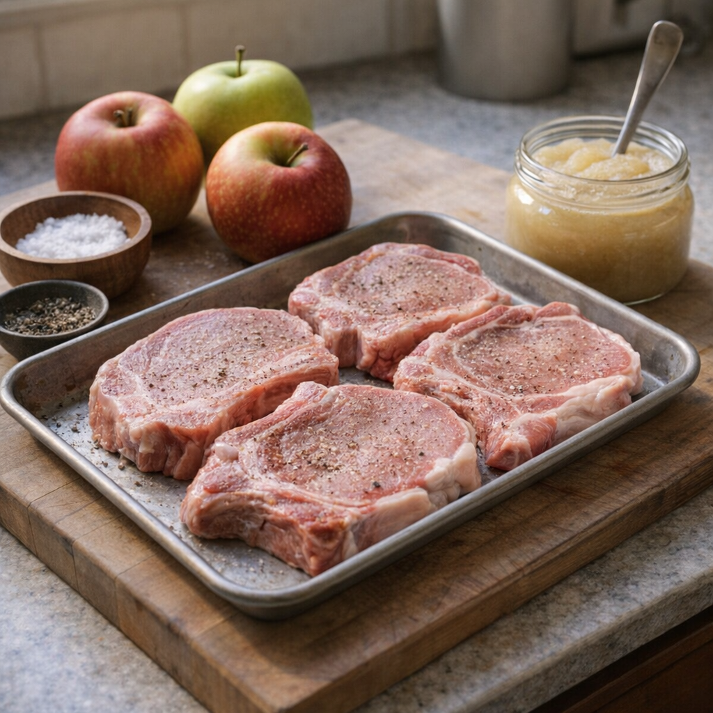 Ingredient lineup of pork chops apples and applesauce on a kitchen counter