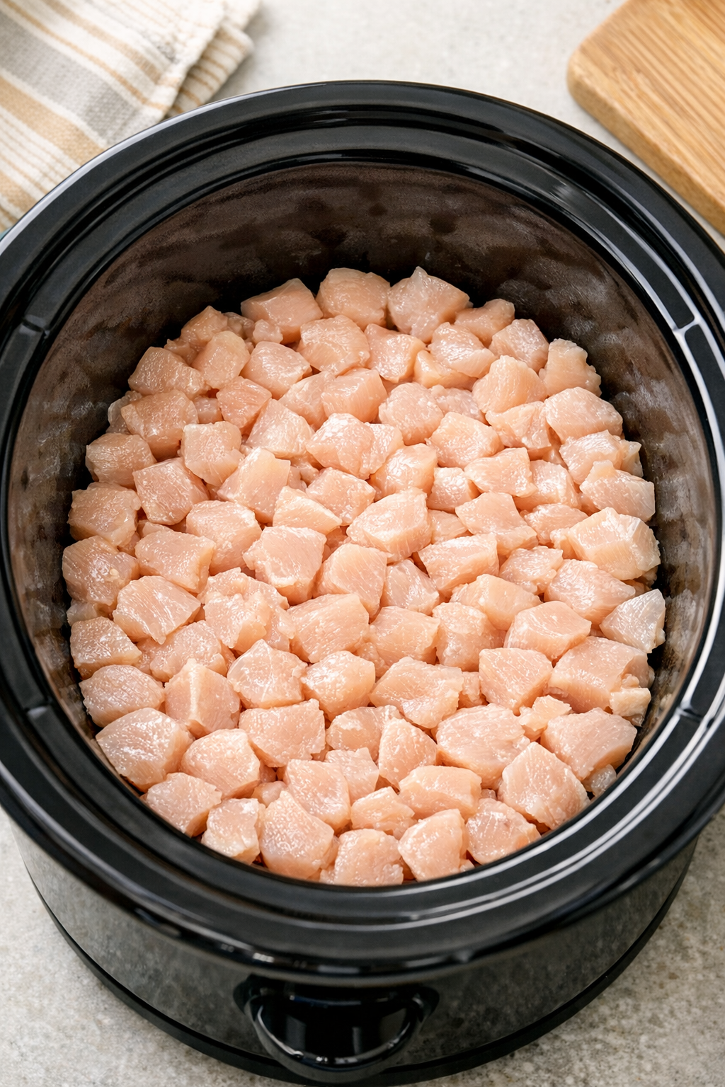 Diced raw chicken spread in the slow cooker