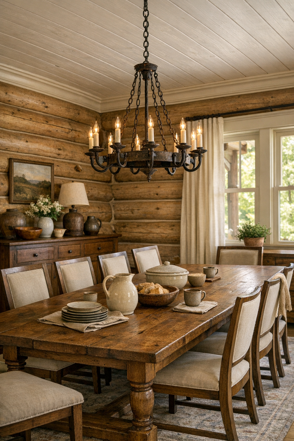 Classic dining room in a log home with wood table and iron chandelier
