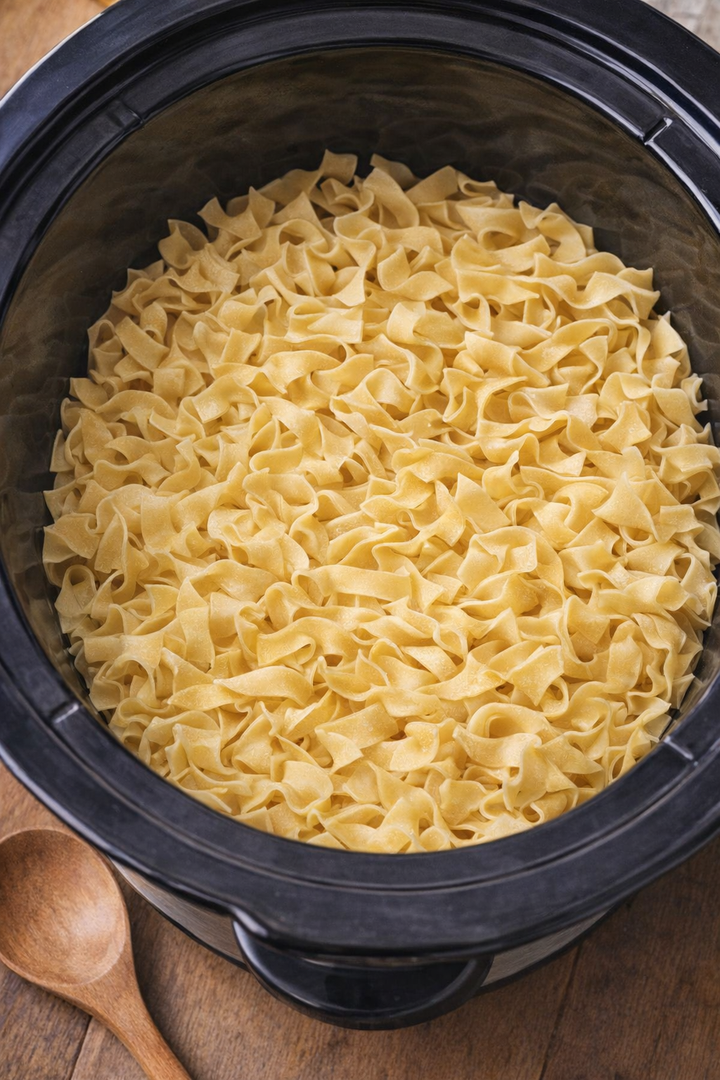 Egg noodles layered in the slow cooker