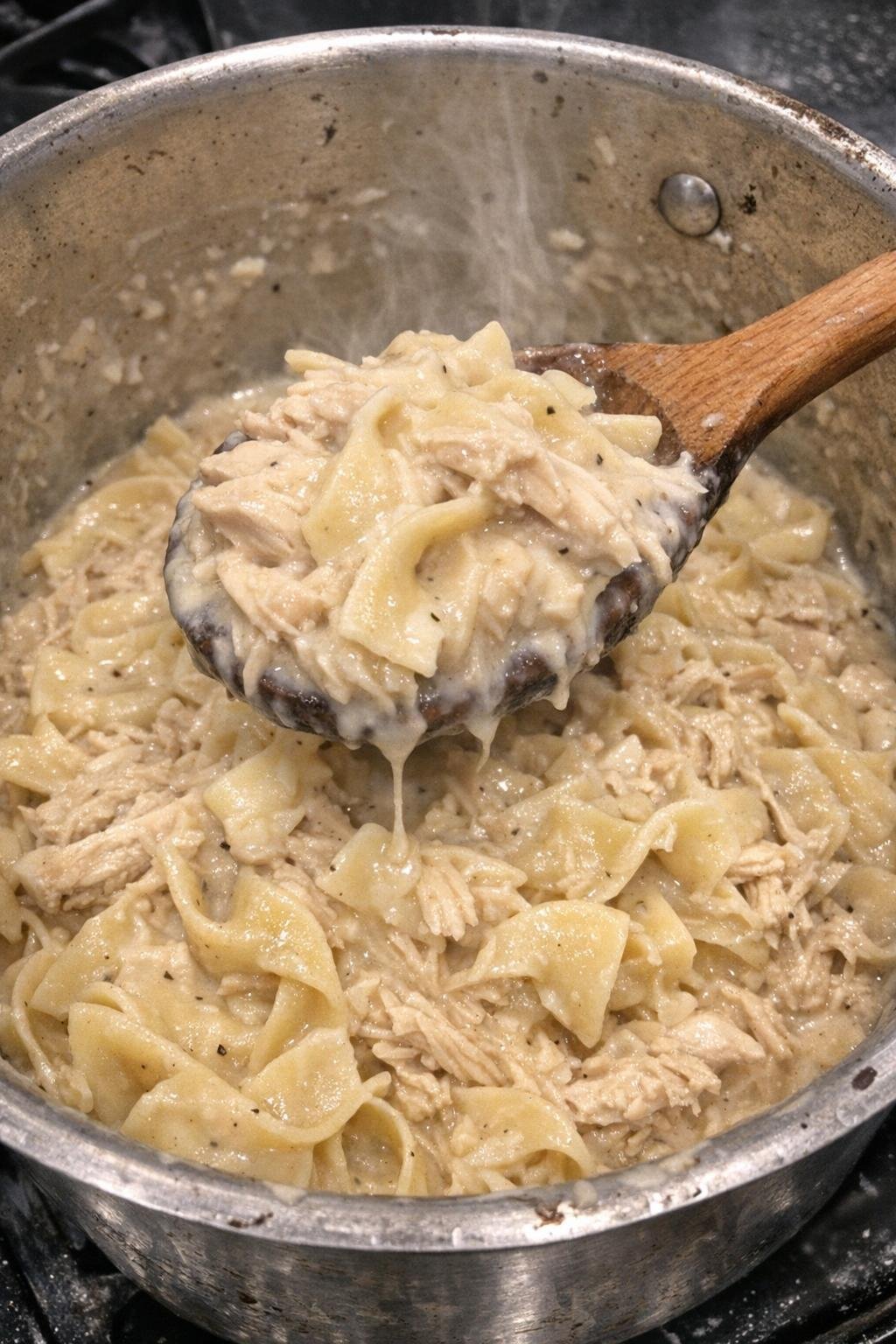 Creamy shredded chicken and egg noodles in a pot