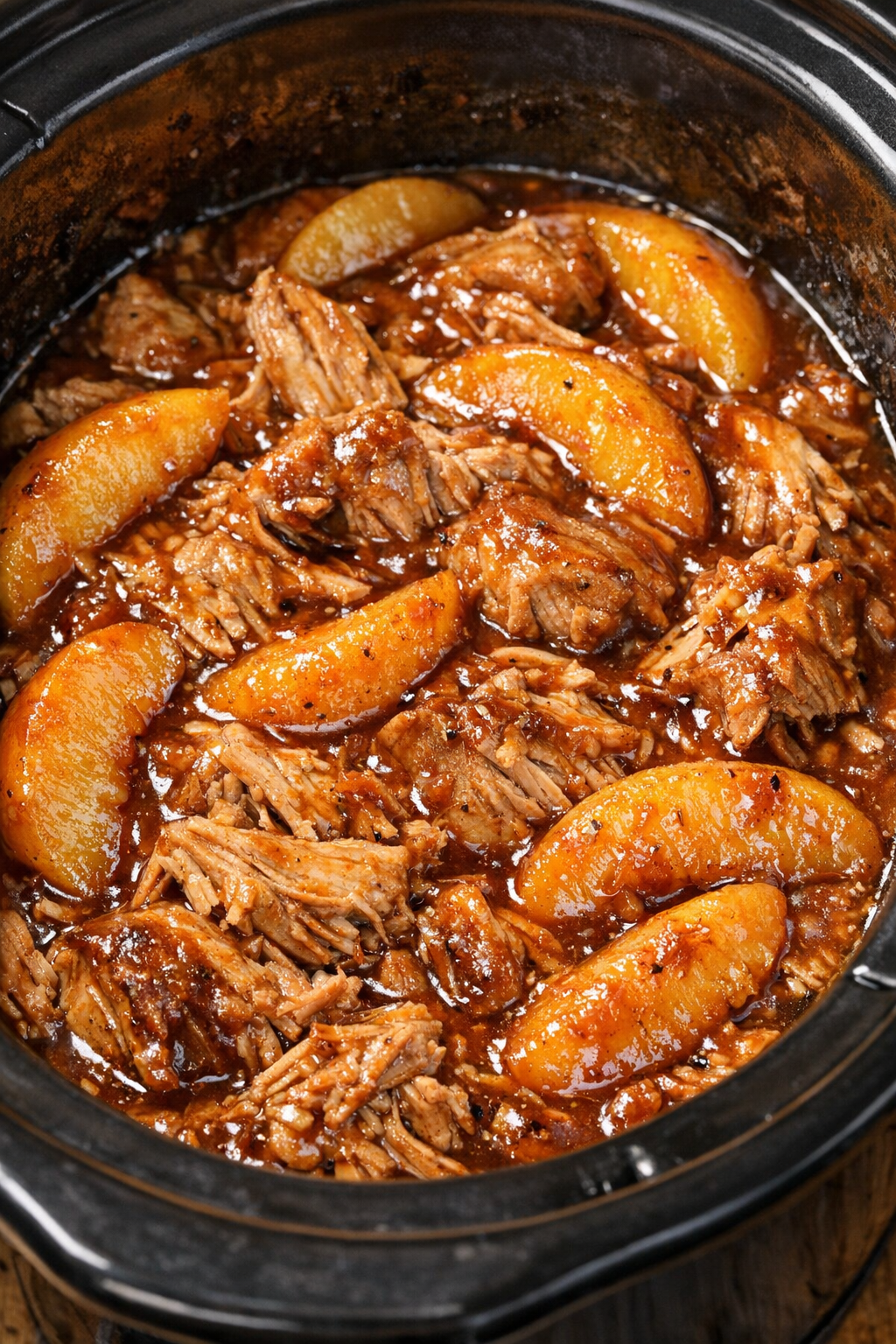 Cooked peach pork in slow cooker