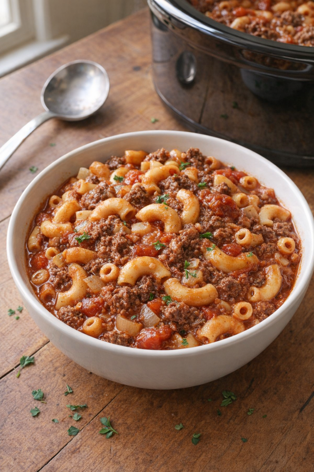 Slow cooker goulash served in a bowl on a kitchen table