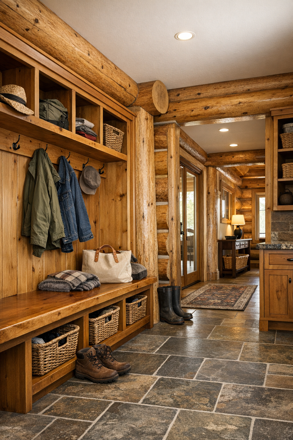 Mudroom and hallway area with built-in bench, timber details, and durable finishes