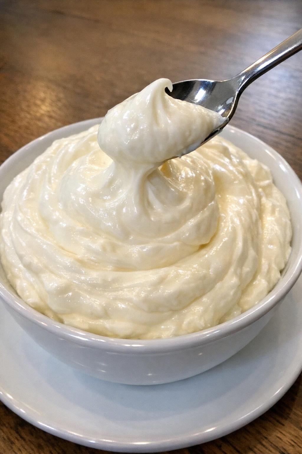 Fluffy whipped pale cream in a white bowl with a spoon lifting a soft peak