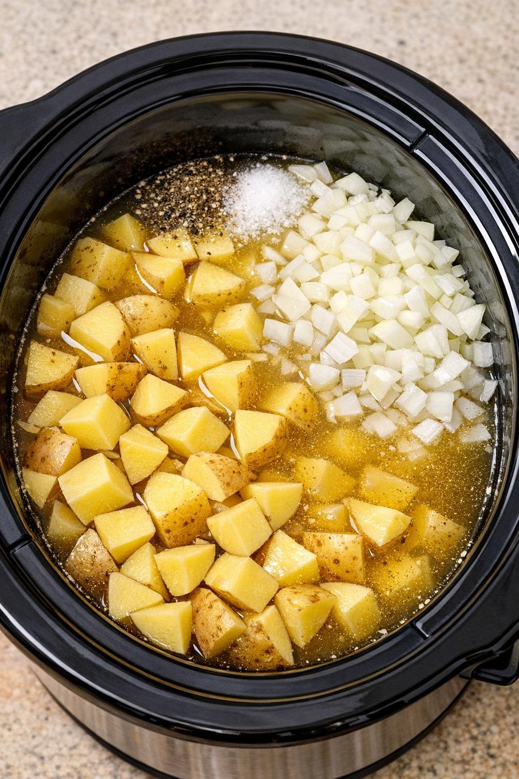 Potatoes and onion in a slow cooker with broth