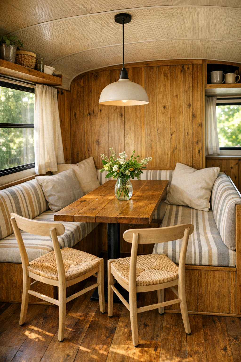 Compact dining nook in a converted bus with wood table and built-in banquette