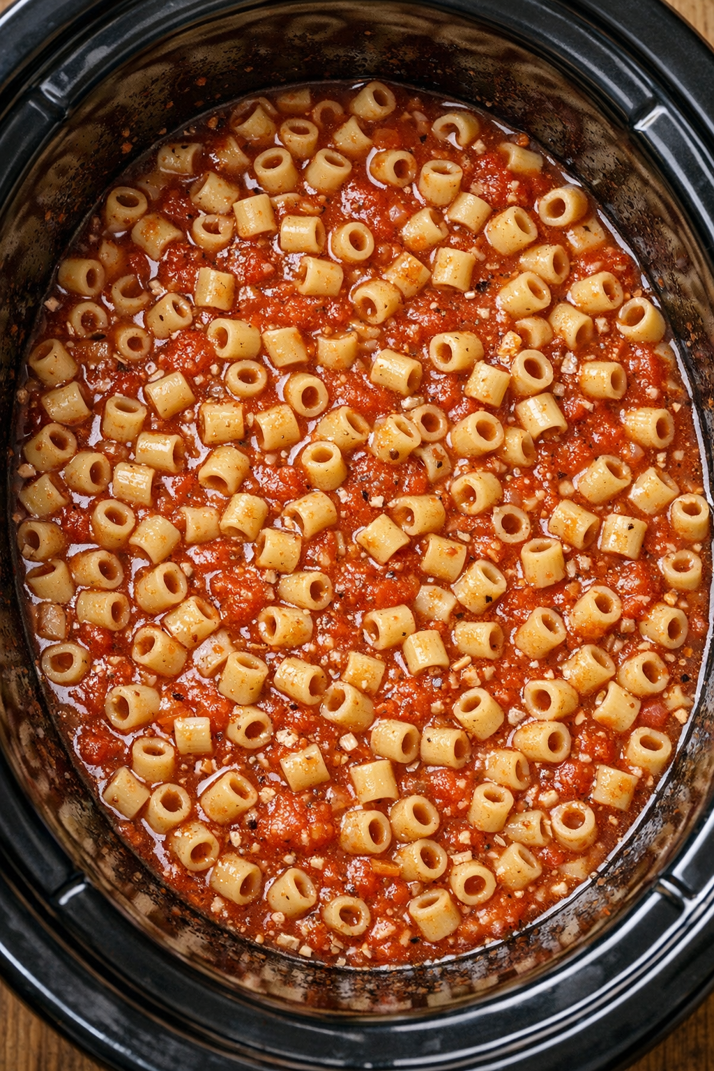 Pasta mixed with marinara and water in slow cooker