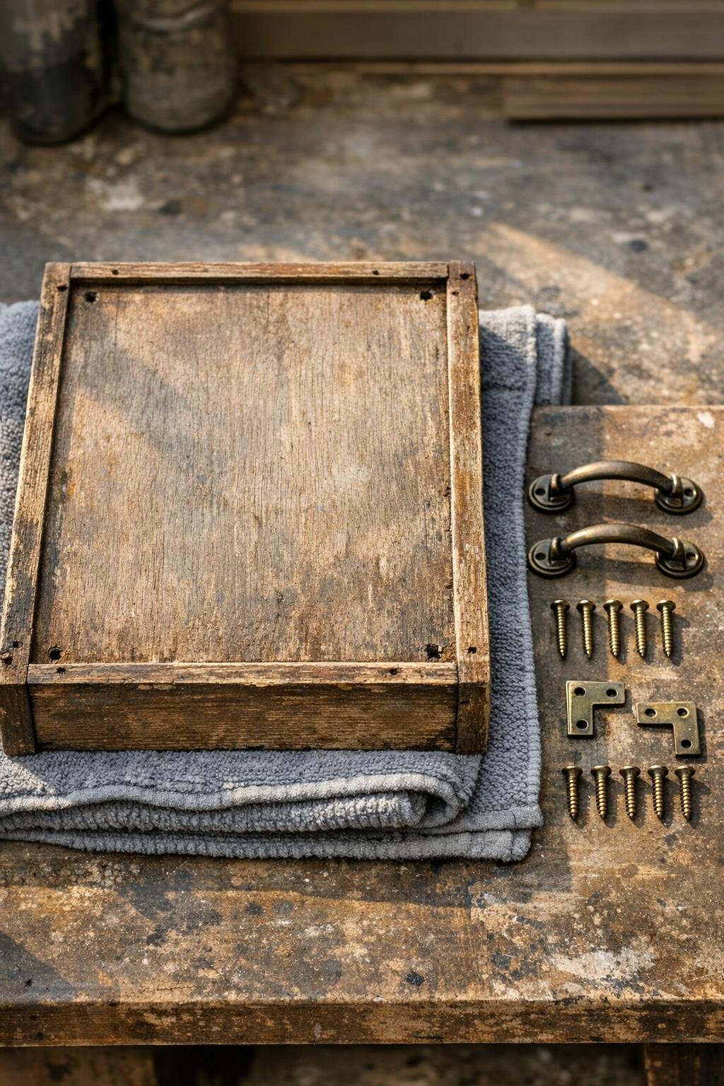 Materials for making a rustic serving tray from an old dresser drawer