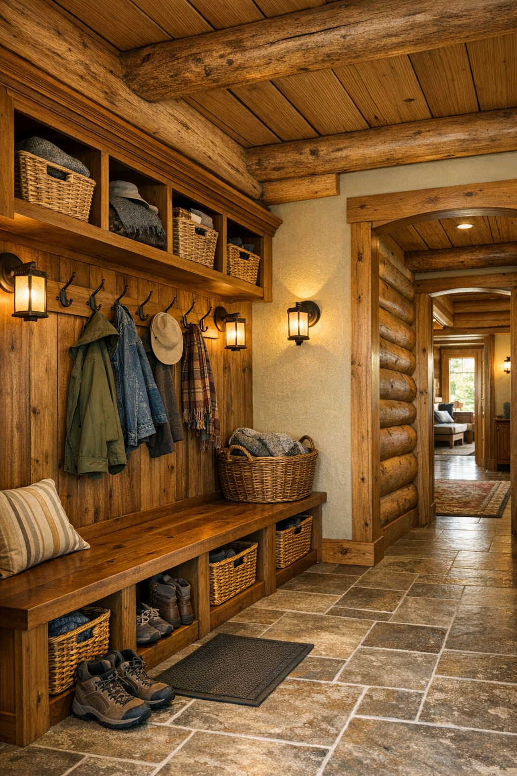 Functional mudroom and hallway with built-in bench, cubbies, and handcrafted wood details