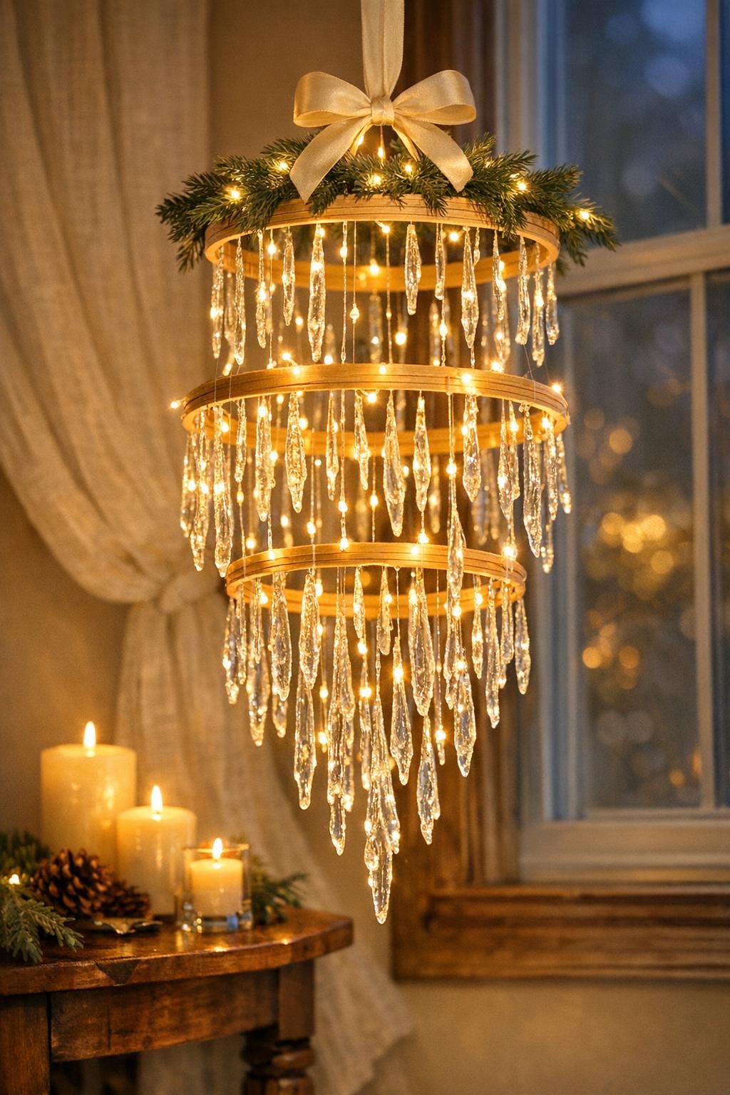 Finished glowing icicle hoop chandelier tree hanging in a cozy home corner