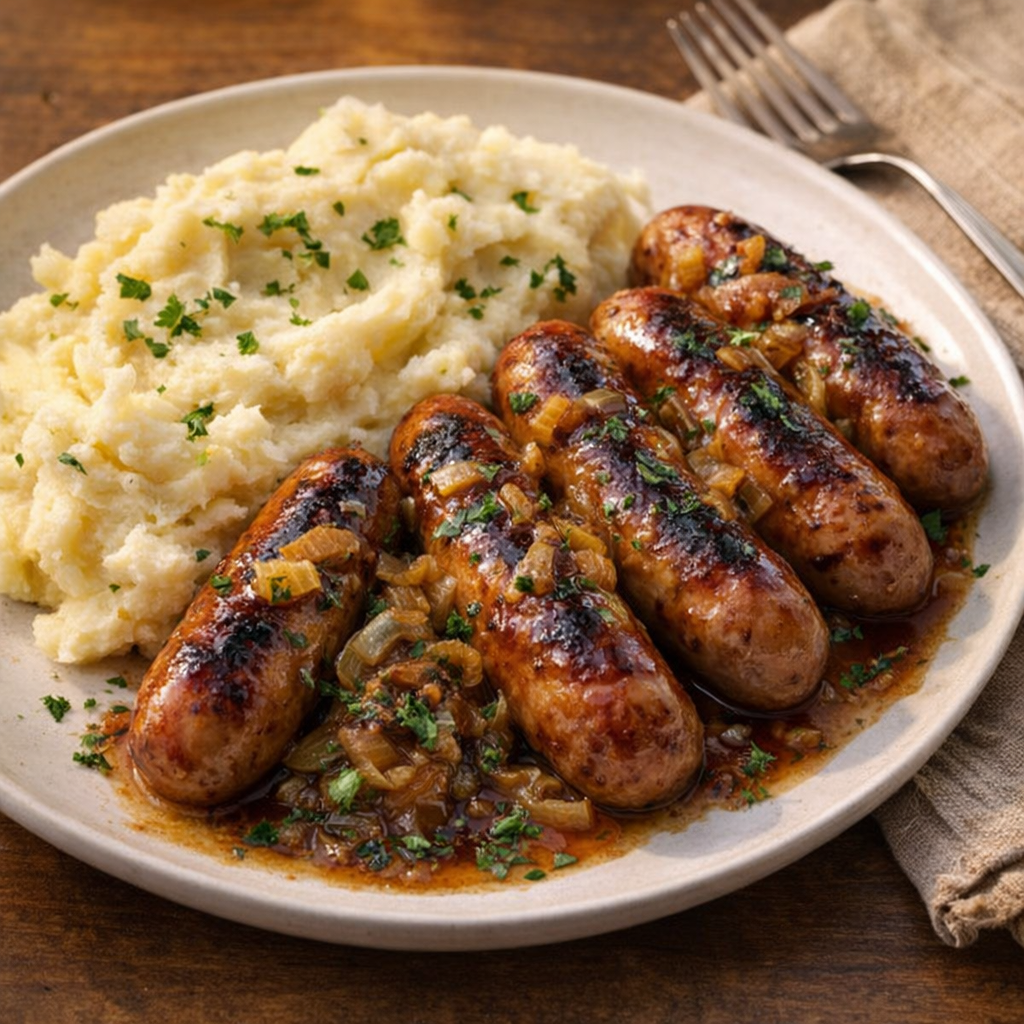 Plated honey garlic sausages with mashed potatoes and parsley