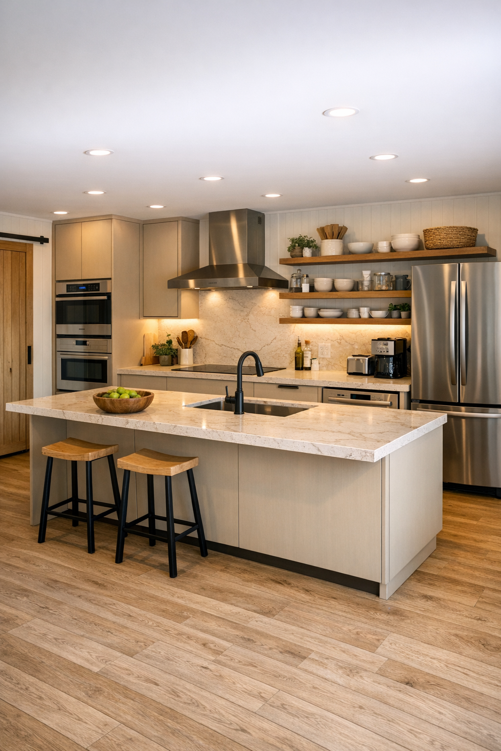 Accessible kitchen with sand-toned cabinets, quartz counters, and a spacious island