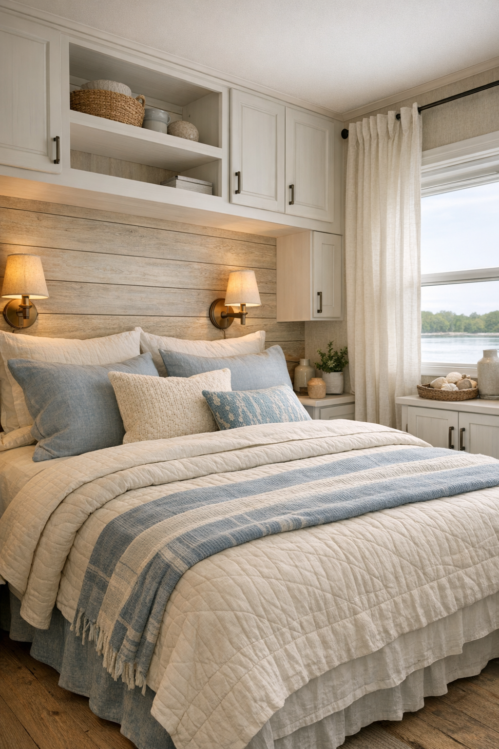 Serene coastal bedroom with layered blue and ivory bedding, shiplap detail, and soft reading sconces