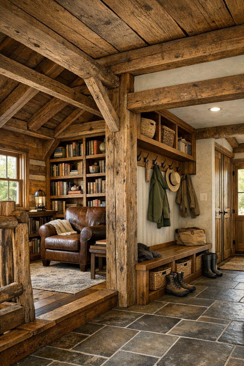 Cozy loft nook and mudroom area inside a converted barn home