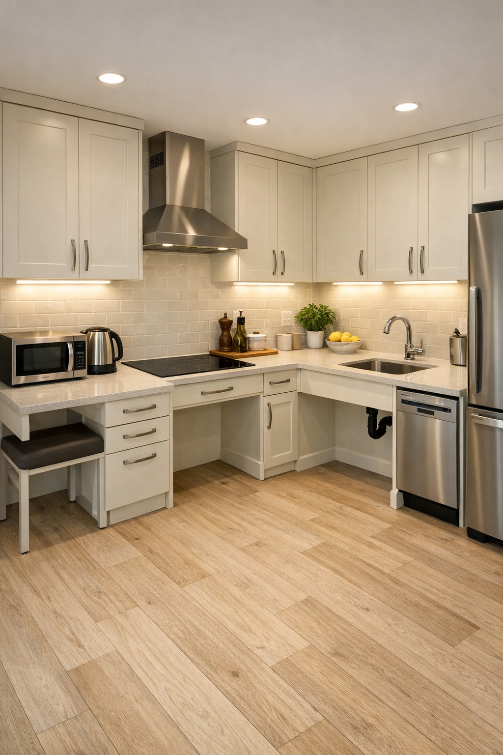 Accessible tiny home kitchen with creamy cabinetry, light quartz counters, and pale wood accents