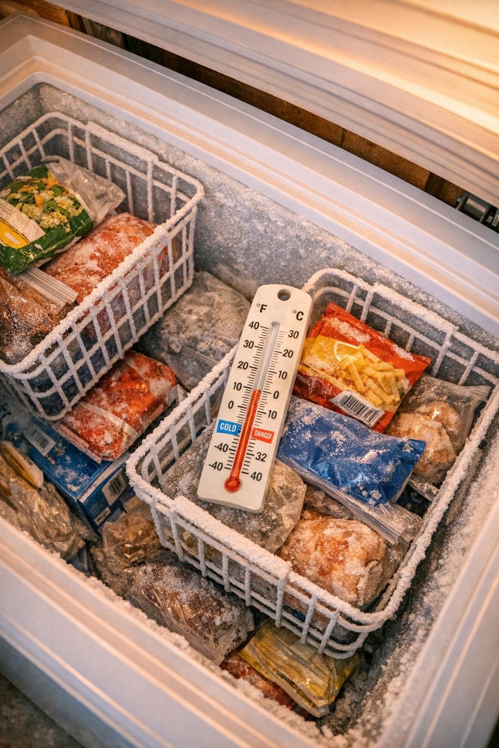 Open chest freezer with thermometer inside