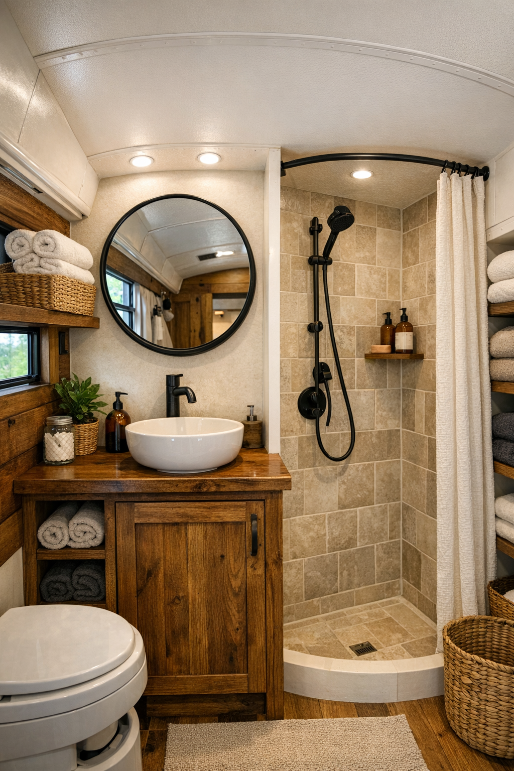 Small rustic bathroom in the converted bus with a wood vanity, round mirror, and simple shower